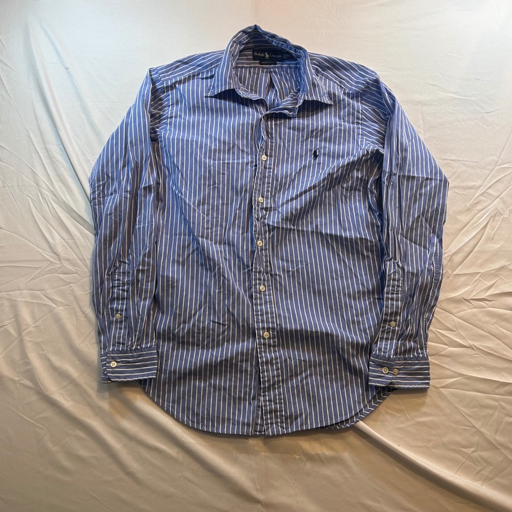 Ralph Lauren Classic Fit Blue White Striped Button Down Shirt Mens Medium 15.5